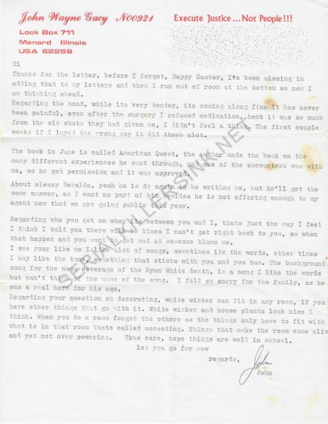 John Wayne Gacy - Typed Letter Signed (NO ENVELOPE)