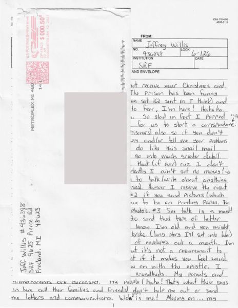 Jeff Willis - Murder of Jessica Heeringa - Handwritten Letter and Envelope
