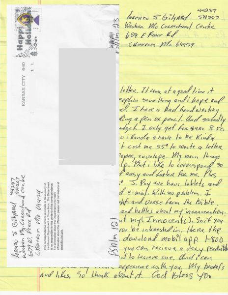 Lorenzo Gilyard - KANSAS CITY STRANGLER - Handwritten Letter and Envelope