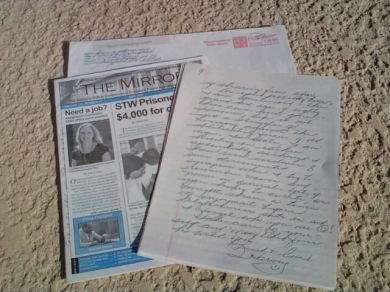 Harvey Carignan handwritten letter, envelope and June 2006 issue of The Mirror