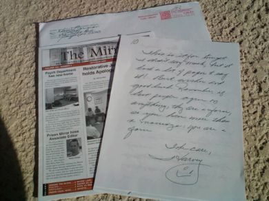Harvey Carignan handwritten letter, envelope and Oct 2006 issue of The Mirror