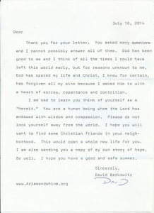 David Berkowitz - SON OF SAM - Typed Letter Signed + Extras