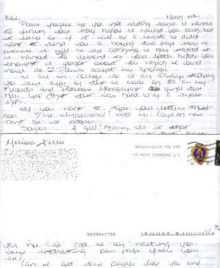 Melissa Ferris Stripper torture murderer - two page handwritten letter and envelope + photo