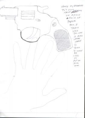 Phillip Jablonski hand tracing w/gun and envelope art