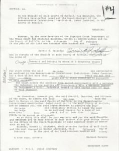 Joseph Druce - Copy of 1990 'Assault and Battery/Deadly Weapon' Warrant  - Signed in Full (Darrin E. Smiledge)