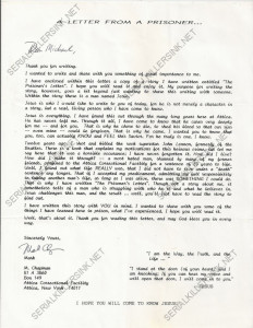 Mark David Chapman - JOHN LENNON KILLER - Typed Letter Signed in Full and Envelope