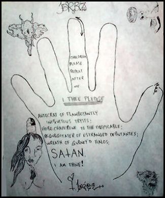 Teodoro Baez 8x11 hand tracing w/ art and Satanic pledge